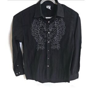 Avirex Shirt Mens Large Black Embroidered Double Eagle Button Down Western Style